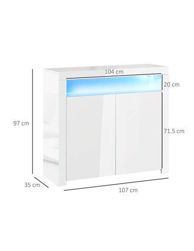 HOMCOM High Gloss LED Cabinet Cupboard Sideboard Buffet Console with RGB Lighting for Entryway, Dining Area, Living Room, White 