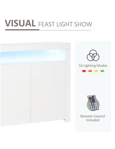 HOMCOM High Gloss LED Cabinet Cupboard Sideboard Buffet Console with RGB Lighting for Entryway, Dining Area, Living Room, White 