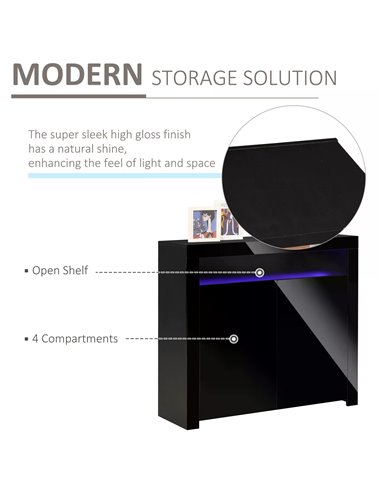 HOMCOM High Gloss LED Cabinet Cupboard Sideboard Buffet Console with RGB Lighting for Entryway, Dining Area, Living Room, Black 