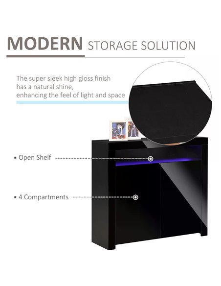 HOMCOM High Gloss LED Cabinet Cupboard Sideboard Buffet Console with RGB Lighting for Entryway, Dining Area, Living Room, Black  - pic 69662 | FastDaddyshop