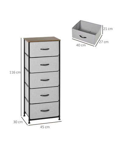 HOMCOM Chest of Drawers, Fabric Storage Drawers, Industrial Bedroom Dresser w/5 Fabric Drawers, Steel Frame, Wooden Top for Nurs