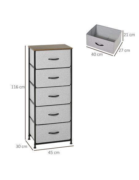 HOMCOM Chest of Drawers, Fabric Storage Drawers, Industrial Bedroom Dresser w/5 Fabric Drawers, Steel Frame, Wooden Top for Nurs - pic 6975 | FastDaddyshop