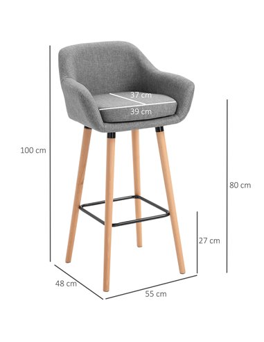 HOMCOM Pair of Bar Chairs Modern Fabric Upholstered Seat with Solid Wood Legs & Metal Frame for Dining Room - Grey 835-141V70GY