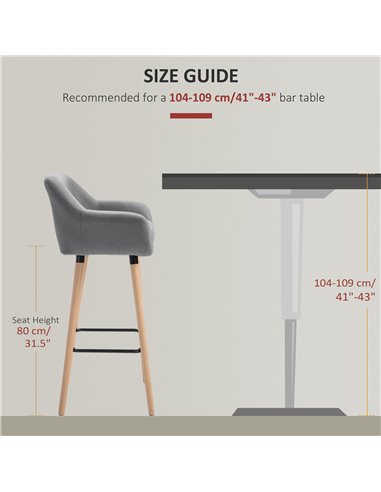 HOMCOM Pair of Bar Chairs Modern Fabric Upholstered Seat with Solid Wood Legs & Metal Frame for Dining Room - Grey 835-141V70GY