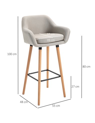 HOMCOM Pair of Bar Chairs, Modern Upholstered Seat with Metal Frame & Solid Wood Legs, Fabric Seating for Dining Room - Beige 83
