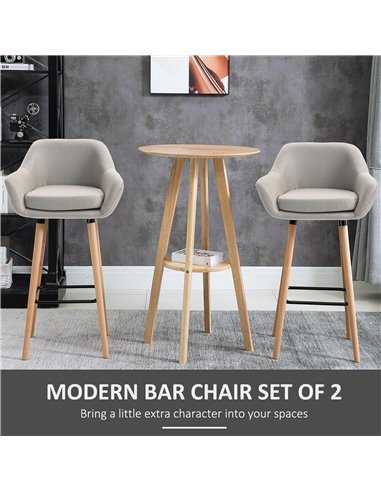 HOMCOM Pair of Bar Chairs, Modern Upholstered Seat with Metal Frame & Solid Wood Legs, Fabric Seating for Dining Room - Beige 83