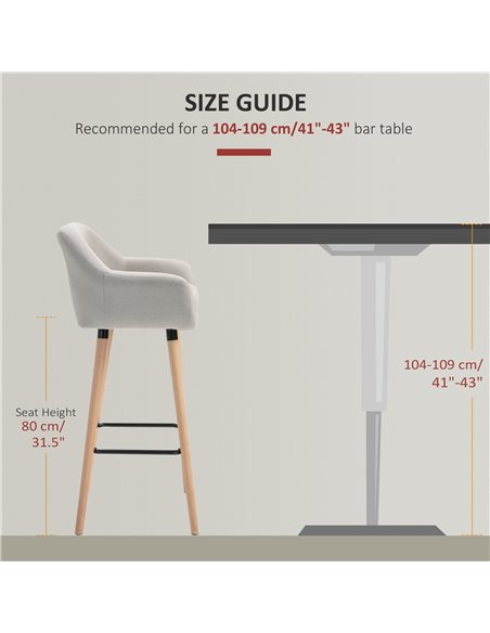 HOMCOM Pair of Bar Chairs, Modern Upholstered Seat with Metal Frame & Solid Wood Legs, Fabric Seating for Dining Room - Beige 83 - pic 69808 | FastDaddyshop