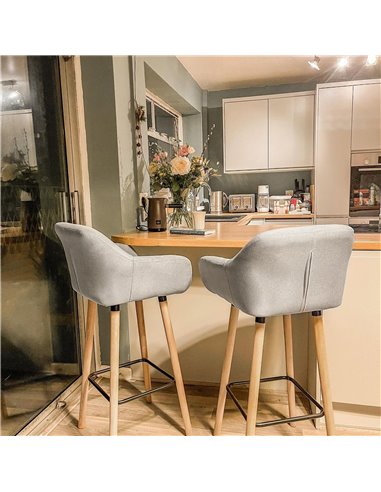 HOMCOM Pair of Bar Chairs, Modern Upholstered Seat with Metal Frame & Solid Wood Legs, Fabric Seating for Dining Room - Beige 83