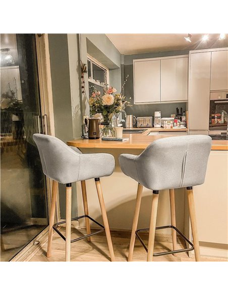 HOMCOM Pair of Bar Chairs, Modern Upholstered Seat with Metal Frame & Solid Wood Legs, Fabric Seating for Dining Room - Beige 83 - pic 69809 | FastDaddyshop