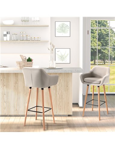 HOMCOM Pair of Bar Chairs, Modern Upholstered Seat with Metal Frame & Solid Wood Legs, Fabric Seating for Dining Room - Beige 83