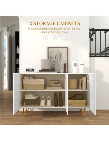 HOMCOM Storage Cabinet with High Gloss Front, Freestanding Sideboard with Adjustable Shelves, Soft-Close Doors and Gold Tone Hai