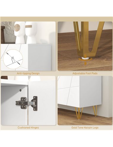 HOMCOM Storage Cabinet with High Gloss Front, Freestanding Sideboard with Adjustable Shelves, Soft-Close Doors and Gold Tone Hai