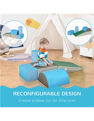 HOMCOM 5-Piece Kids Climb & Crawl Soft Playset, Durable PU Foam Activity Blocks, Blue/Green 3D0-004