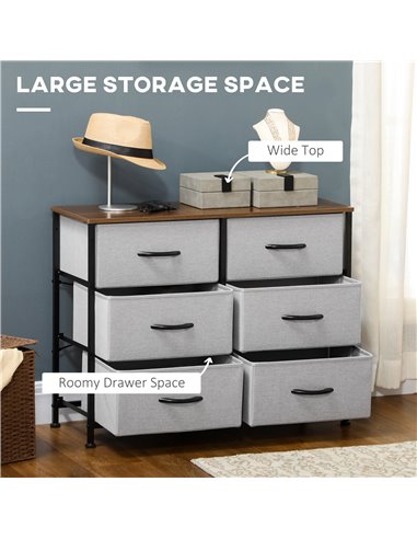 HOMCOM Chest of Drawers, Fabric Storage Drawers, Industrial Bedroom Dresser w/6 Fabric Drawers, Steel Frame, Wooden Top for Nurs