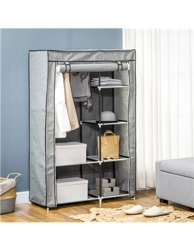 HOMCOM Fabric Wardrobe, Portable Wardrobe with 6 Shelves, 1 Hanging Rail, Foldable Closets, 103 x 43 x 162.5 cm, Light Grey