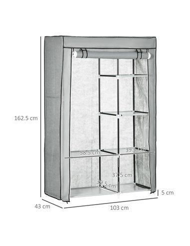 HOMCOM Fabric Wardrobe, Portable Wardrobe with 6 Shelves, 1 Hanging Rail, Foldable Closets, 103 x 43 x 162.5 cm, Light Grey