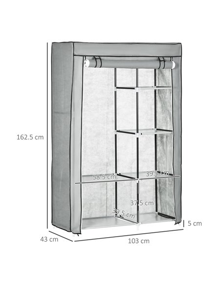 HOMCOM Fabric Wardrobe, Portable Wardrobe with 6 Shelves, 1 Hanging Rail, Foldable Closets, 103 x 43 x 162.5 cm, Light Grey - pic 7003 | FastDaddyshop