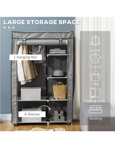 HOMCOM Fabric Wardrobe, Portable Wardrobe with 6 Shelves, 1 Hanging Rail, Foldable Closets, 103 x 43 x 162.5 cm, Light Grey - pic 7004 | FastDaddyshop