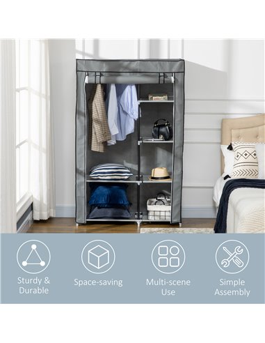 HOMCOM Fabric Wardrobe, Portable Wardrobe with 6 Shelves, 1 Hanging Rail, Foldable Closets, 103 x 43 x 162.5 cm, Light Grey