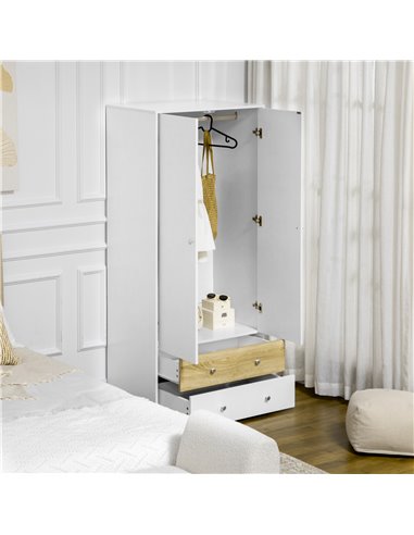 HOMCOM 2 Door Wardrobe White Wardrobe with Drawers and Hanging Rod for Bedroom Clothes Organisation and Storage