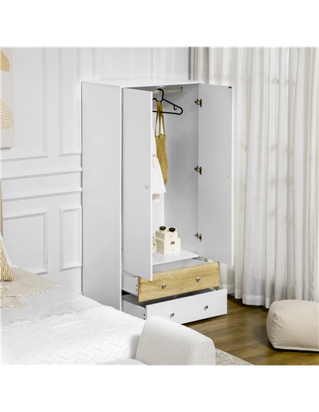 HOMCOM 2 Door Wardrobe White Wardrobe with Drawers and Hanging Rod for Bedroom Clothes Organisation and Storage - pic 7010 | FastDaddyshop