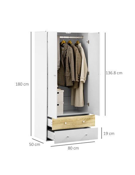 HOMCOM 2 Door Wardrobe White Wardrobe with Drawers and Hanging Rod for Bedroom Clothes Organisation and Storage - pic 7011 | FastDaddyshop
