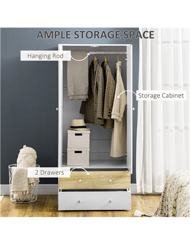 HOMCOM 2 Door Wardrobe White Wardrobe with Drawers and Hanging Rod for Bedroom Clothes Organisation and Storage