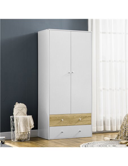 HOMCOM 2 Door Wardrobe White Wardrobe with Drawers and Hanging Rod for Bedroom Clothes Organisation and Storage - pic 7015 | FastDaddyshop