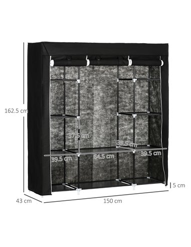 HOMCOM Fabric Wardrobe, Portable Wardrobe with 10 Shelves, 1 Hanging Rail, Foldable Closets, 150 x 43 x 162.5 cm, Black