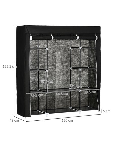 HOMCOM Fabric Wardrobe, Portable Wardrobe with 10 Shelves, 1 Hanging Rail, Foldable Closets, 150 x 43 x 162.5 cm, Black - pic 7019 | FastDaddyshop