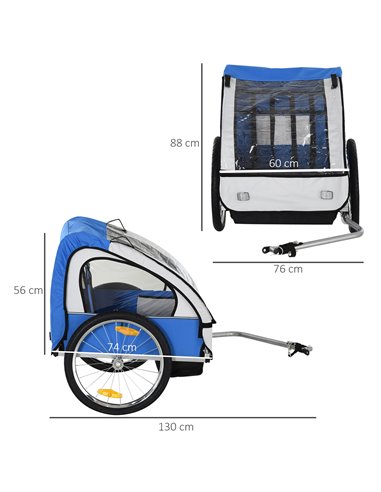 HOMCOM 2 Seat Bike Trailer Bicycle wagon for Kids Child Steel Frame Safety Harness Seat Carrier Blue White 130 x 76 x 88 cm 440-