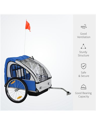 HOMCOM 2 Seat Bike Trailer Bicycle wagon for Kids Child Steel Frame Safety Harness Seat Carrier Blue White 130 x 76 x 88 cm 440-