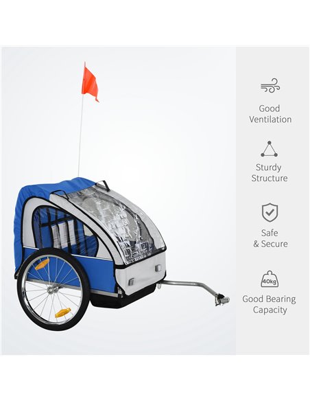 HOMCOM 2 Seat Bike Trailer Bicycle wagon for Kids Child Steel Frame Safety Harness Seat Carrier Blue White 130 x 76 x 88 cm 440- - pic 70192 | FastDaddyshop