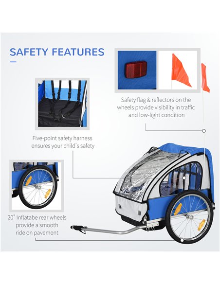 HOMCOM 2 Seat Bike Trailer Bicycle wagon for Kids Child Steel Frame Safety Harness Seat Carrier Blue White 130 x 76 x 88 cm 440- - pic 70193 | FastDaddyshop