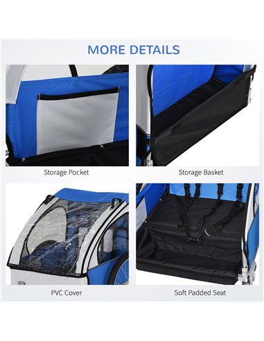 HOMCOM 2 Seat Bike Trailer Bicycle wagon for Kids Child Steel Frame Safety Harness Seat Carrier Blue White 130 x 76 x 88 cm 440-