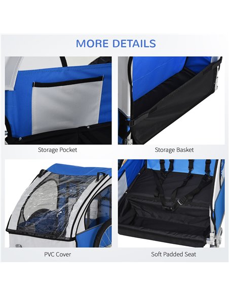 HOMCOM 2 Seat Bike Trailer Bicycle wagon for Kids Child Steel Frame Safety Harness Seat Carrier Blue White 130 x 76 x 88 cm 440- - pic 70194 | FastDaddyshop