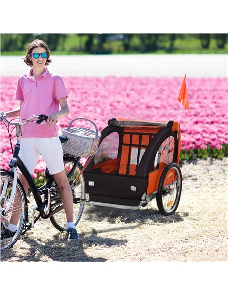 HOMCOM 2 Seat Bike Trailer Bicycle wagon for Kids Child Steel Frame Safety Harness Seat Carrier Orange Black 130 x 76 x 88 cm 44 - pic 70199 | FastDaddyshop