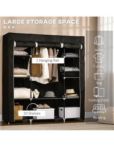 HOMCOM Fabric Wardrobe, Portable Wardrobe with 10 Shelves, 1 Hanging Rail, Foldable Closets, 150 x 43 x 162.5 cm, Black