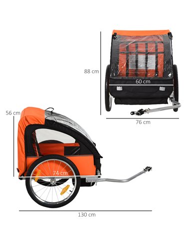 HOMCOM 2 Seat Bike Trailer Bicycle wagon for Kids Child Steel Frame Safety Harness Seat Carrier Orange Black 130 x 76 x 88 cm 44
