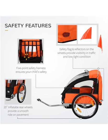 HOMCOM 2 Seat Bike Trailer Bicycle wagon for Kids Child Steel Frame Safety Harness Seat Carrier Orange Black 130 x 76 x 88 cm 44 - pic 70201 | FastDaddyshop