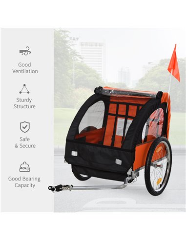 HOMCOM 2 Seat Bike Trailer Bicycle wagon for Kids Child Steel Frame Safety Harness Seat Carrier Orange Black 130 x 76 x 88 cm 44