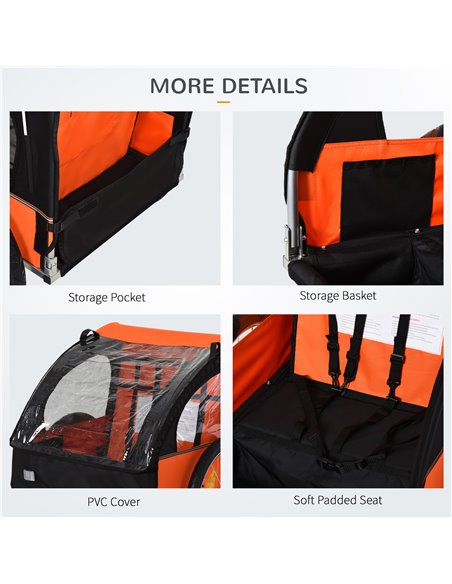 HOMCOM 2 Seat Bike Trailer Bicycle wagon for Kids Child Steel Frame Safety Harness Seat Carrier Orange Black 130 x 76 x 88 cm 44 - pic 70203 | FastDaddyshop