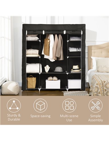 HOMCOM Fabric Wardrobe, Portable Wardrobe with 10 Shelves, 1 Hanging Rail, Foldable Closets, 150 x 43 x 162.5 cm, Black