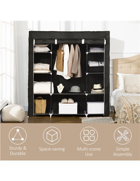 HOMCOM Fabric Wardrobe, Portable Wardrobe with 10 Shelves, 1 Hanging Rail, Foldable Closets, 150 x 43 x 162.5 cm, Black - pic 7022 | FastDaddyshop