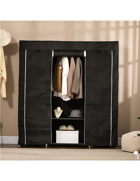 HOMCOM Fabric Wardrobe, Portable Wardrobe with 10 Shelves, 1 Hanging Rail, Foldable Closets, 150 x 43 x 162.5 cm, Black - pic 7023 | FastDaddyshop