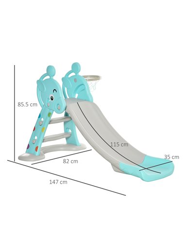 HOMCOM Kids 2 in 1 Slide with Basketball Hoop, Toddler Freestanding Slider Playset, 18 months - 4 Years - Deer Shaped, Blue 331-