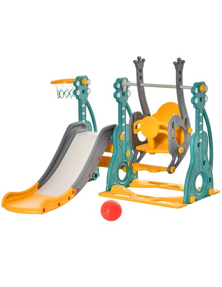 HOMCOM 3-IN-1 Kids Swing and Slide Set with Basketball Hoop Slide Swing Adjustable Seat Height Toddler Playground Activity Cente - pic 70333 | FastDaddyshop
