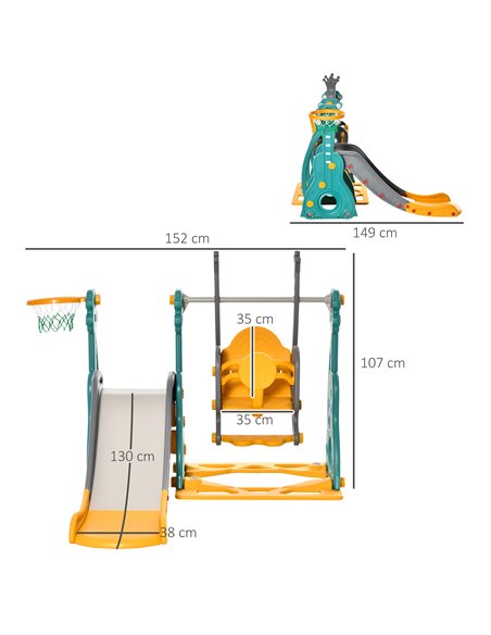 HOMCOM 3-IN-1 Kids Swing and Slide Set with Basketball Hoop Slide Swing Adjustable Seat Height Toddler Playground Activity Cente - pic 70335 | FastDaddyshop