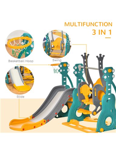 HOMCOM 3-IN-1 Kids Swing and Slide Set with Basketball Hoop Slide Swing Adjustable Seat Height Toddler Playground Activity Cente