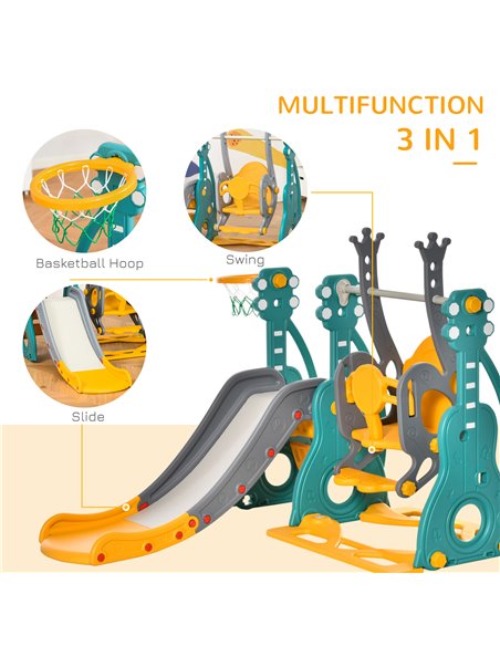 HOMCOM 3-IN-1 Kids Swing and Slide Set with Basketball Hoop Slide Swing Adjustable Seat Height Toddler Playground Activity Cente - pic 70336 | FastDaddyshop
